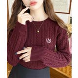 ボルドー | 刺繍入りケーブルショート丈ニットプルオーバー | moment+