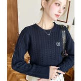 ネイビー | 刺繍入りケーブルショート丈ニットプルオーバー | moment+