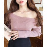 ピンクベージュ | アシンメトリーオフショルダーリブニット12G | moment+