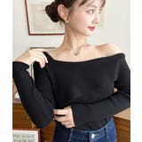 ブラック | アシンメトリーオフショルダーリブニット12G | moment+