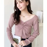 ピンクベージュ | フロントレースギャザーリブニットトップス12G | moment+