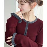 ボルドー | ＼ふとした瞬間も女性らしく ヘンリーネック配色フリルカフスリブニットプルオーバー | moment+