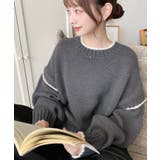 チャコールグレー | ピコ編み配色ニットプルオーバー3G | moment+