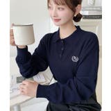 ネイビー | ワンポイント刺繍入り衿付きポロニット12G | moment+