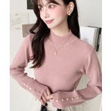 ピンクベージュ | 袖口ボタンボトルネックリブニットプルオーバー12G | moment+