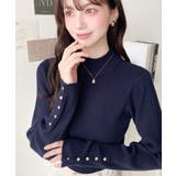 ネイビー | 袖口ボタンボトルネックリブニットプルオーバー12G | moment+