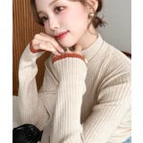 ナチュラル | ボトルネック配色ラインワイドリブニットプルオーバー12G | moment+