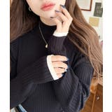 ブラック | ボトルネック配色ラインワイドリブニットプルオーバー12G | moment+