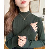 ダークグリーン | ボトルネック配色ラインワイドリブニットプルオーバー12G | moment+