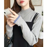 杢グレー | ボトルネック配色ラインワイドリブニットプルオーバー12G | moment+