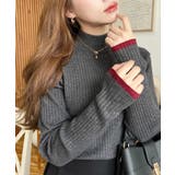 チャコールグレー | ボトルネック配色ラインワイドリブニットプルオーバー12G | moment+