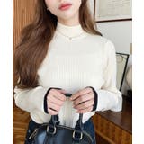 アイボリー | ボトルネック配色ラインワイドリブニットプルオーバー12G | moment+