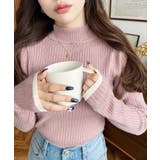 ピンク | ボトルネック配色ラインワイドリブニットプルオーバー12G | moment+