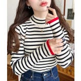 ホワイト系その他 | ボトルネック配色ラインワイドリブニットプルオーバー12G | moment+