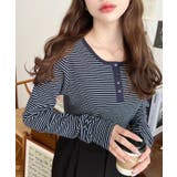 ネイビー | 前後2WAY袖くしゅくしゅヘンリーネックボーダーロンT | moment+