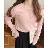 ピンク | 前後2WAY袖くしゅくしゅヘンリーネックボーダーロンT | moment+