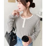 オフホワイト | 前後2WAY袖くしゅくしゅヘンリーネックボーダーロンT | moment+