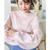 ピンク | ワンポイント刺繍配色カラーライン入りロンT綿100％天竺 | moment+
