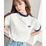 オートミール | ワンポイント刺繍配色カラーライン半袖Tシャツ綿100%天竺. | moment+