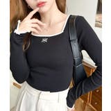 長袖スクエアネックフロントロゴ刺繍袖リボンプルオーバー 綿100％フライス | moment+ | 詳細画像15 