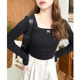 長袖スクエアネックフロントロゴ刺繍袖リボンプルオーバー 綿100％フライス | moment+ | 詳細画像19 