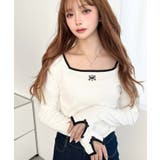 長袖スクエアネックフロントロゴ刺繍袖リボンプルオーバー 綿100％フライス | moment+ | 詳細画像3 