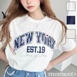 ロゴプリント＆フラワー刺繍Tシャツ 綿100%天竺 | moment+ | 詳細画像1 