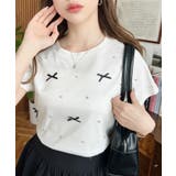 バックハートカットリボンビジュー半袖Tシャツ | moment+ | 詳細画像1 