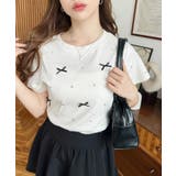 バックハートカットリボンビジュー半袖Tシャツ | moment+ | 詳細画像2 