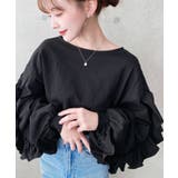 ブラック |  ボリュームフリルスリーブロングTシャツ 綿100%天竺.  | moment+