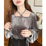 チャコールグレー | シャイニーベロアスクエアホルターボリュームスリーブプルオーバー | moment+