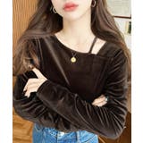 ブラウン | シャイニーベロアアシンメトリーネックトップス | moment+