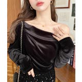 ブラック | オフショルドレープシャイニーベロアプルオーバー(ドレープネック ドレープカットソ… | moment+