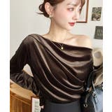 ブラウン | オフショルドレープシャイニーベロアプルオーバー(ドレープネック ドレープカットソ… | moment+