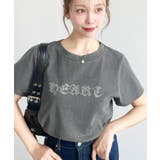 チャコールグレー | ラインストーンロゴ半袖Tシャツ | moment+