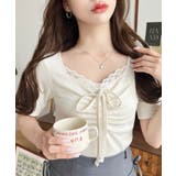 ドットプリントフロントレースギャザーリボントップス | moment+ | 詳細画像2