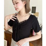 ドットプリントフロントレースギャザーリボントップス | moment+ | 詳細画像29