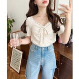 ドットプリントフロントレースギャザーリボントップス | moment+ | 詳細画像33