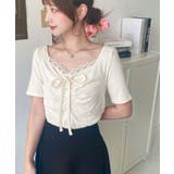 ドットプリントフロントレースギャザーリボントップス | moment+ | 詳細画像6