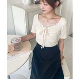 ドットプリントフロントレースギャザーリボントップス | moment+ | 詳細画像9