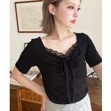 ブラック | ドットプリントフロントレースギャザーリボントップス | moment+