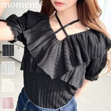 クロスリボンフリルカラー半袖ストライプレースカットソー | moment+ | 詳細画像1 