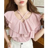 ピンク | クロスリボンフリルカラー半袖ストライプレースカットソー | moment+