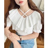 オフホワイト | クロスリボンフリルカラー半袖ストライプレースカットソー | moment+