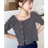 ブラック | アシメスクエアネックボーダー半袖プルオーバー | moment+