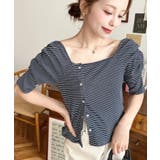 ネイビー | アシメスクエアネックボーダー半袖プルオーバー | moment+