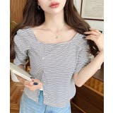 オフホワイト | アシメスクエアネックボーダー半袖プルオーバー | moment+