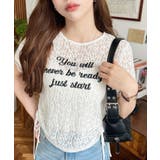 小花ストレッチレースロゴプリントサイドドロストTシャツ | moment+ | 詳細画像1