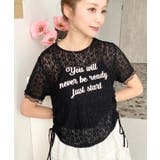 ブラック | 小花ストレッチレースロゴプリントサイドドロストTシャツ | moment+