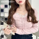 無地×ドットプリント×フロントレースギャザーリボン長袖トップス | moment+ | 詳細画像1 